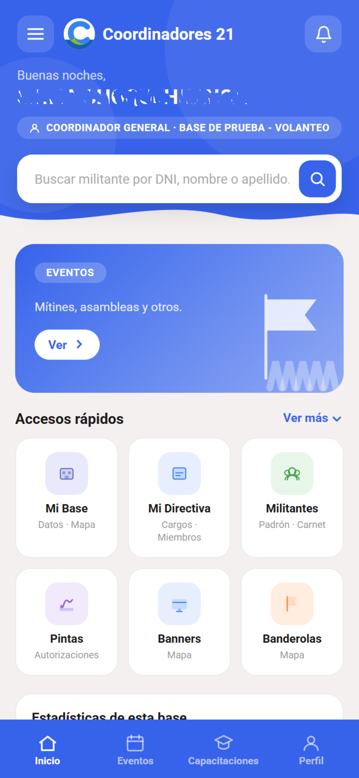 Pantalla de inicio de Coordinadores 21
