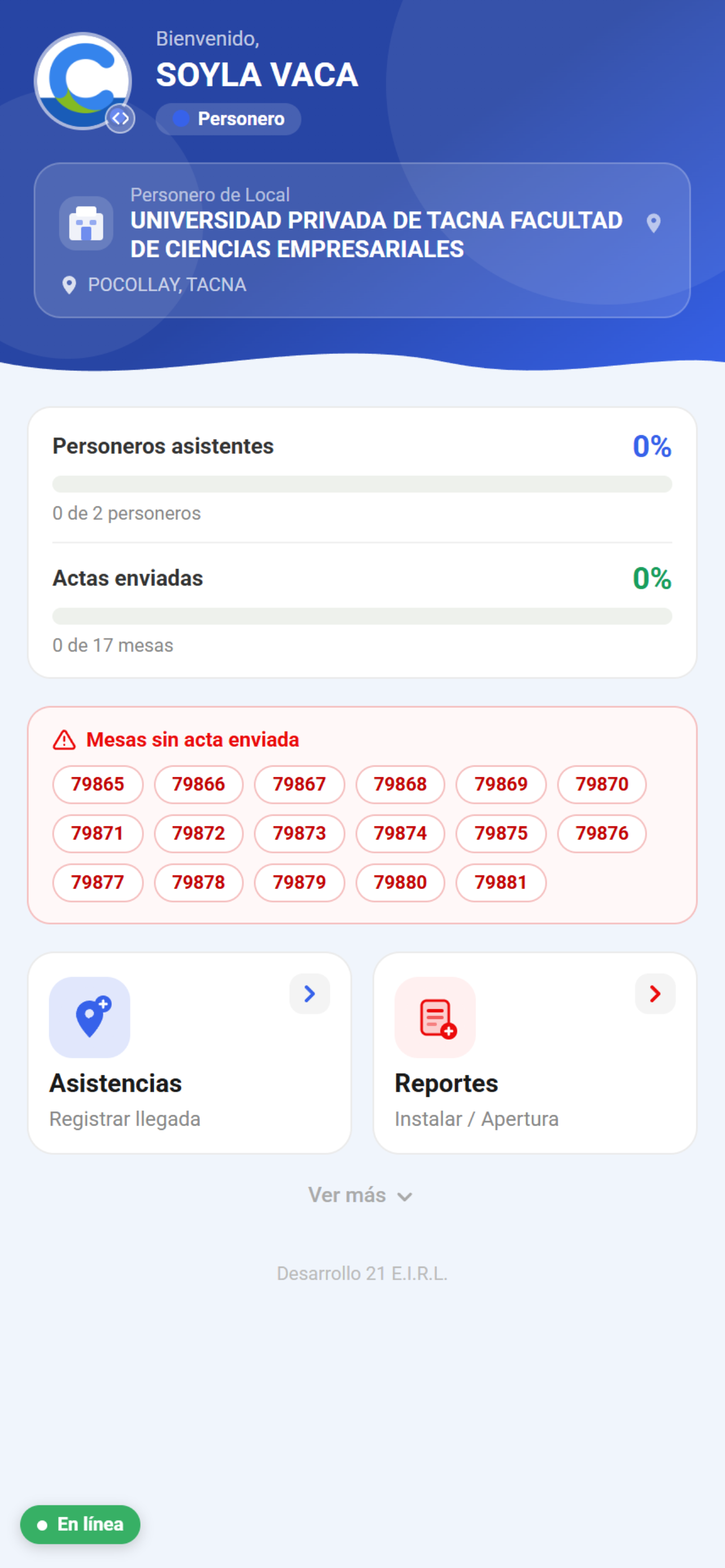 Pantalla de inicio de Personeros 21
