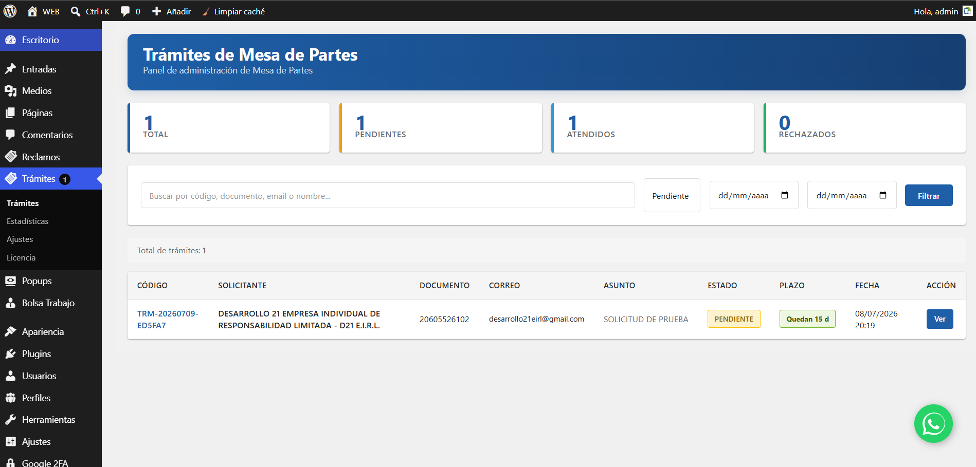 Panel de trámites Mesa de Partes Virtual