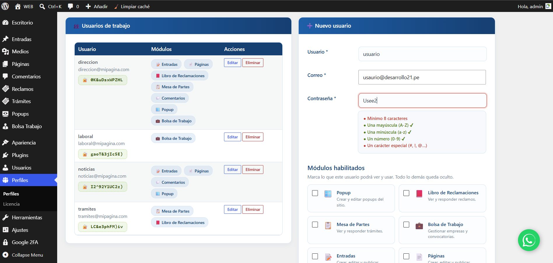 Gestión de usuarios de trabajo en Perfiles