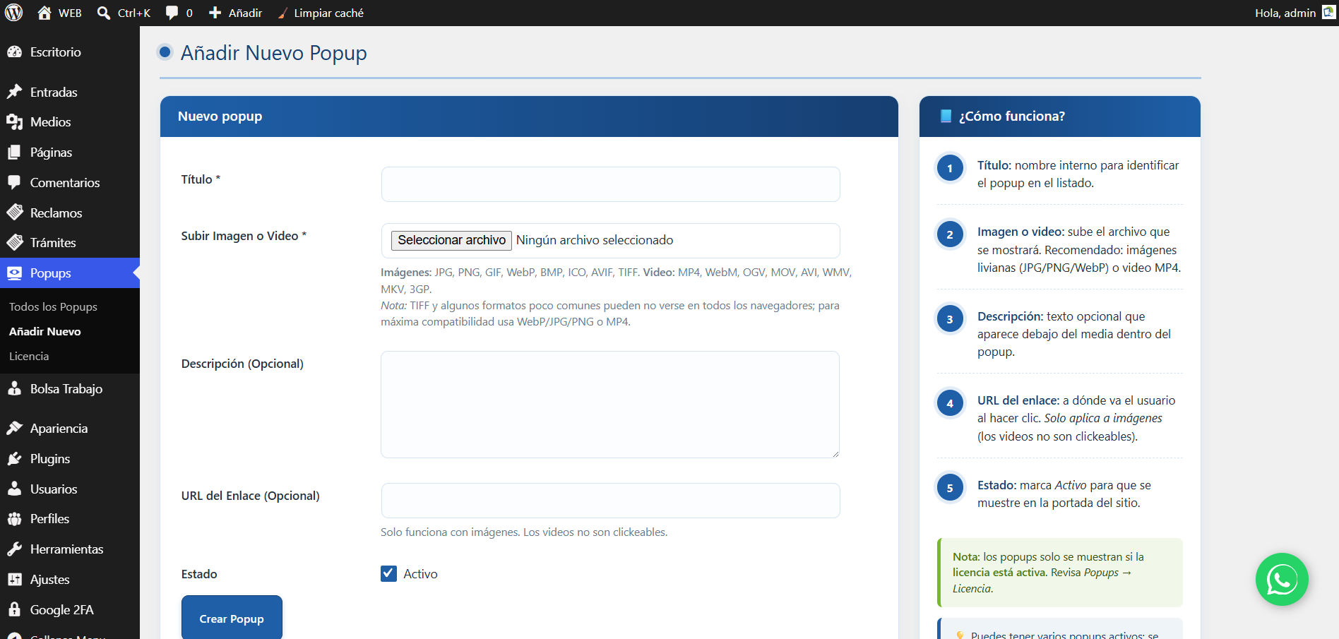 Crear un nuevo popup en WordPress